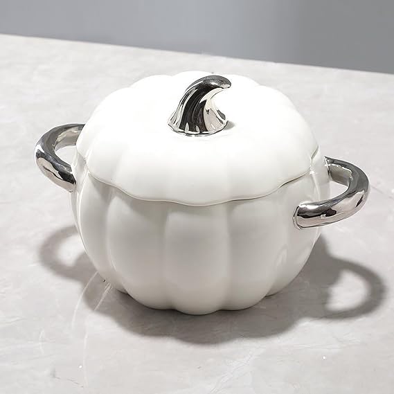 Ceramic Pumpkin Soup Bowl with Lid,2L Ceramic Soup Tureen Cute Bowl with Handle, Dessert or Soup Bowl, Non-Stick Soup Pot Decor Dinnerware for Thanksgiving Halloween Pumpkin Party,White