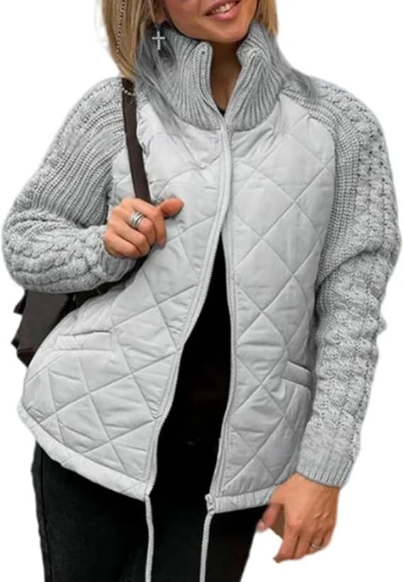 Women's Knit Patchwork Puffy Jacket, Winter Warm Lightweight Outwear with Pocket