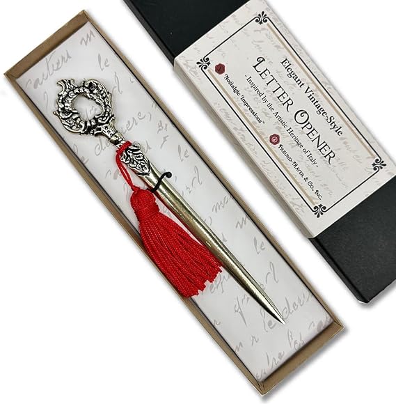Victorian Letter Opener with Tassel Handcrafted in Italy Antiqued Metal Paper Knife 7" Vintage Antique Executive Desk Accessory Gift
