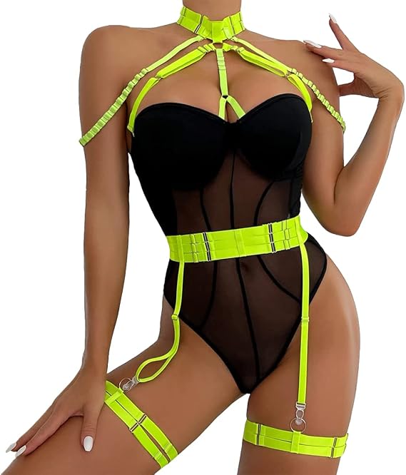 Women Gothic Strappy Bodysuit Lingerie Set with Choker Garter Belts