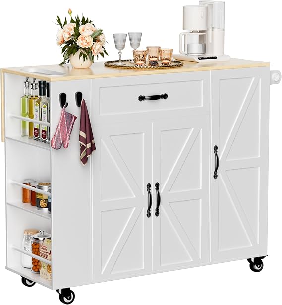 Rolling Kitchen Island with Drop Leaf, 41.3'' Moveable Island On Wheels for Breakfast Nook, White Kitchen Island Cart Extended Countertop/w Racks Shelves and Drawer