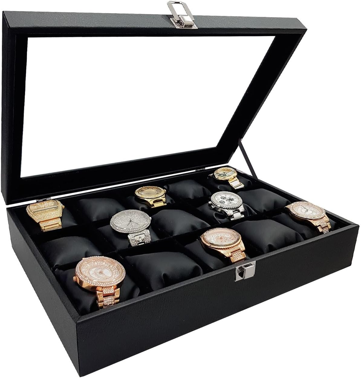 Chavin Black Leather Over 15 Glass Watch Box st15-68