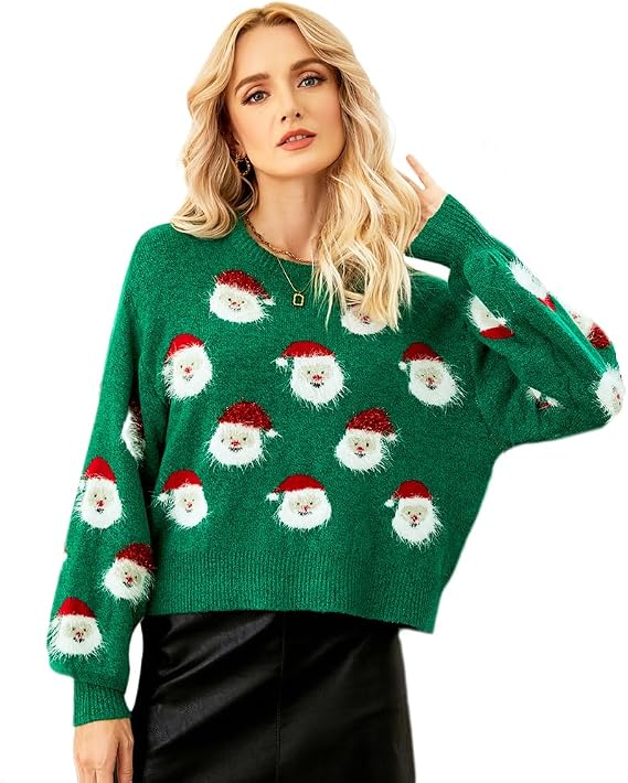 Christmas Sweater for Women, Cute Long Sleeve Crew Neck Santa Claus Knitted Sweater Ugly Christmas Sweater Pullover Top