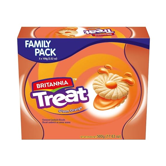 Britannia Treat Biscuits Sandwich Each Magic of Cookies Healthy Snack Perfect for Breakfast 17.63oz (500g) Pack of 5 (Orange)