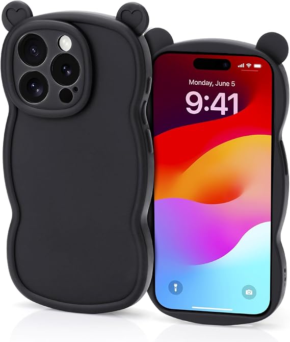 ABLY 3D Cartoon Bear Phone Case for iPhone 15 Pro, Soft TPU Silicone Cover with Lanyard Hole, Black