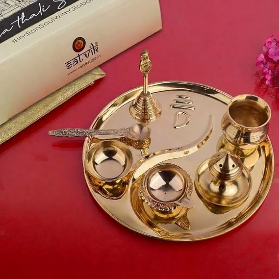 SATVIK 8.5 Inch Brass Puja Thali Set of 7 | Handcrafted Design for Divine Blessings | Ideal Housewarming Return Gift | Perfect for Festivals & Worship | Complete Puja Thali Set