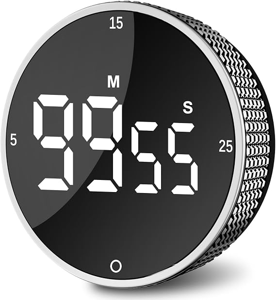 Digital Kitchen Timer Magnetic Egg Timer Stopwatch Timer with Clock Magnetic Kitchen Clock Countdown Count Up Kitchen Alarm Clock LED Display for Cooking Fitness Study Includes 3 AAA Batteries Silver