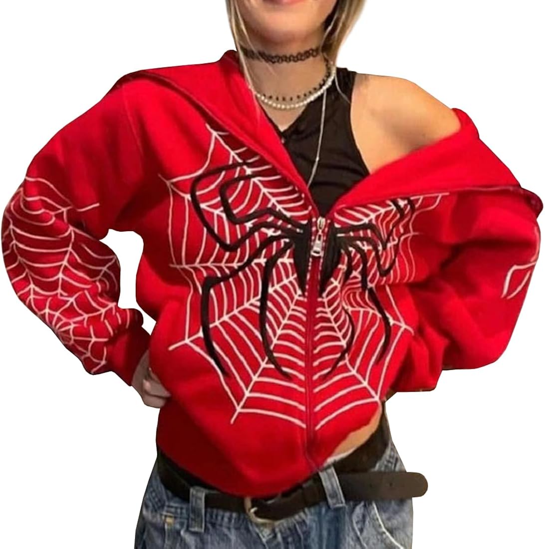 YINGKE Women's Spider Print Zip Up Hoodie Y2K Long Sleeve Oversized Sweatshirt Gothic Punk Jacket Vintage 90s E-Girl Harajuku Streetwear