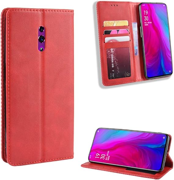 Jielangxin Keji Case for Oppo Reno, Flip Case, Red, Faux Leather, Card Slot and Note Clip