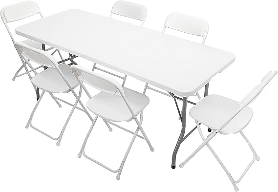 VINGLI 6 FT Plastic Folding Table Set with 6 White Folding Chairs for Picnic, Event, Training, Outdoor Activities, at Home and Commercial Use