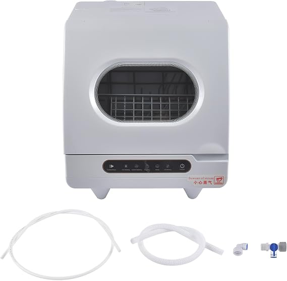Portable Mini Countertop Dishwasher, 5 Programs Compact Dishwasher Machine with 5L Water Tank & Drain Hose, 360 Spray, Low Noise for Apartments RVs Kitchen Camping