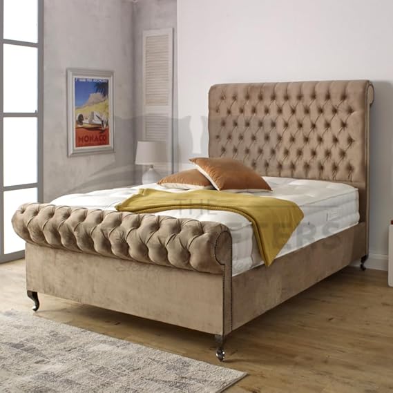 BED CRAFTERS Sleigh Bed with Plush Double Bed 48” Headboard with Mattress Included Gaslift Storage 3ft Single 4ft6" Double 5ft King 6ft (Black (with Mattress), Fabric Swatch)