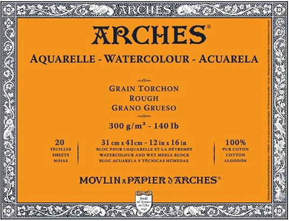 Arches Watercolor Paper Block, Rough Surface, Natural White, 12 x 16 Inches, 140 lb (300 GSM), 20 Sheets, 100% Cotton Artist Pad for Watercolor, Gouache, Ink & Mixed Media