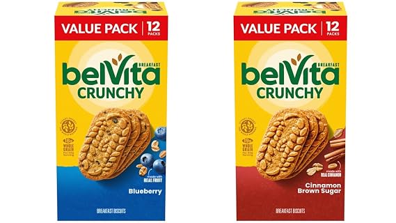 belVita Breakfast Biscuits Variety Pack, Blueberry and Cinnamon Brown Sugar, Value Pack, 24 Total Packs, 2 Boxes (4 Biscuits Per Pack)