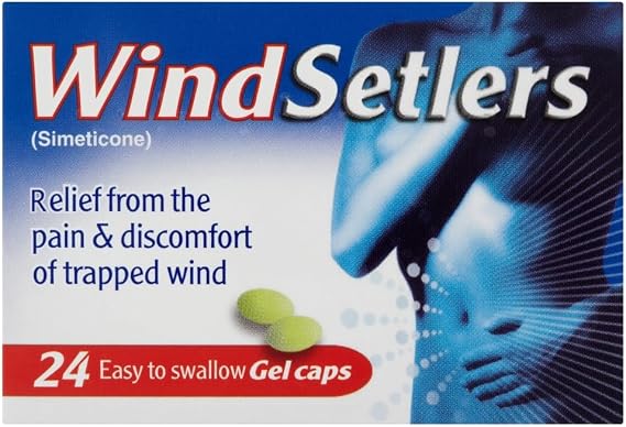 Windsetlers, Treats Flatulence, Trapped Wind & Bloating, Relieves Pain & Discomfort of trapped wind, Contains Simeticone, Treats Flatulence, 24 Gel caps (Always read label first)