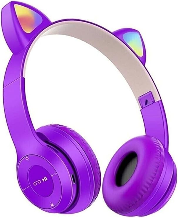 Kedi Kulaklı Bluetooth Kablosuz Kulaklık, RGB Işıklı, AUX Destekli, Mor