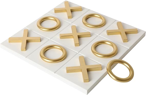 NIKKY HOME 12x12 Inch Tic Tac Toe Wood Game Board Classic Coffee Table Decor Modern Wooden Travel Game for Family, White & Gold