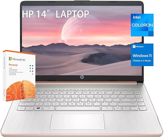 HP Stream 14 HD Laptop, Intel Celeron N4120, 4GB RAM, 128GB eMMC, Microsoft 365, Windows 11 S, USB-C 3.0, HDMI, WIFI5, with 5ave Accessories, Rose Gold