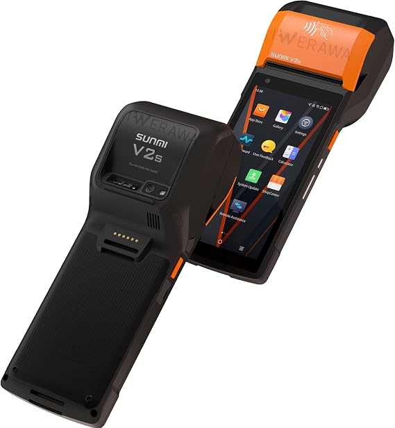 Sunmi V2s POS Terminal with Receipt Printer, Speaker, Camera and Barcode Scanner All in One Handheld PDA Printer, Android 12.0 System, Support 4G, WiFi and Bluetooth, Orange, Black