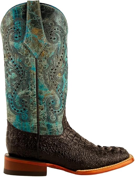 Ferrini Italia Womens Stampede Crocodile Square Toe Pull On Casual Boots Mid Calf Low Heel 1-2" - Blue, Brown, Green