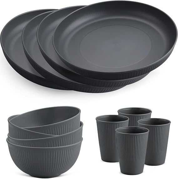HOMGEN 12PCS Plastic Camping Plates and Bowls Set Unbreakable & BPA Free