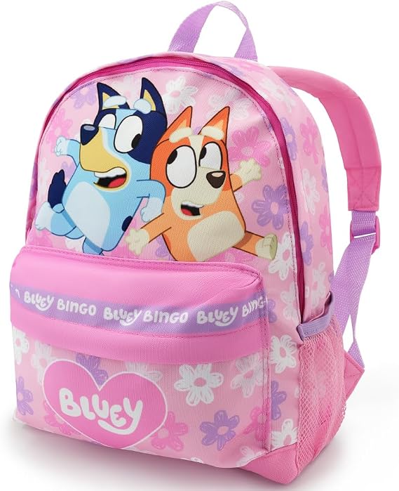 Bluey Girls Backpack – Lilac Toddler Backpack Bingo, Heart Print, Kangaroo Pocket & Padded Straps – Kids School Bag Ages 2-7 Years – Official Merchandise (Pink)