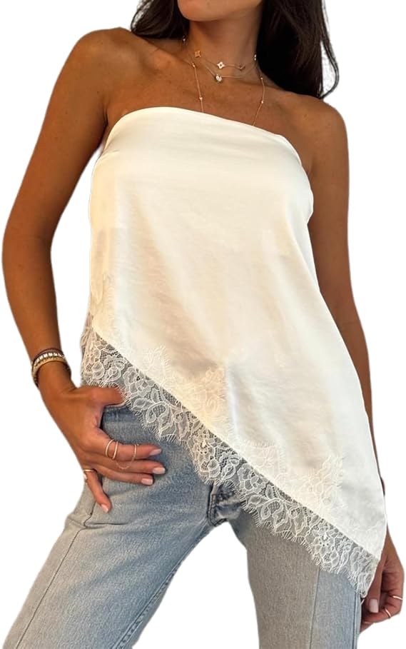Women Satin Lace Tube Top White Silk Asymmetrical Strapless Summer Outfits