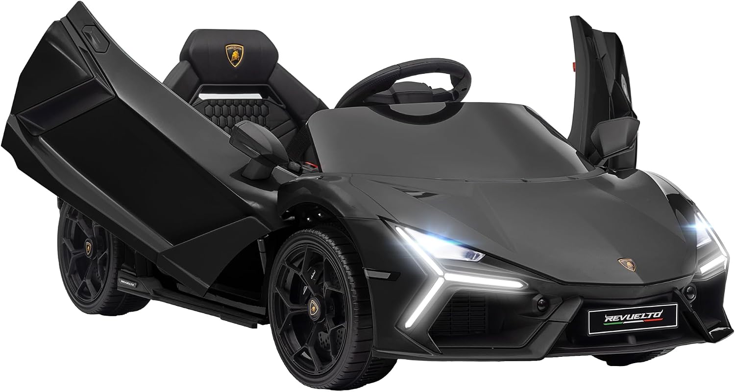 AIYAPLAY Lamborghini Revuelto Licensed Kid Electric Car, 12V Kids Electric Ride On with Butterfly Doors, Suspension, Remote Control, LED Lights, Horn, USB, MP3 for 3-5 Years, Black
