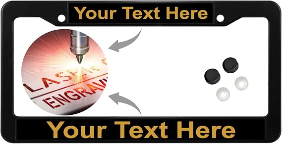 ABS Plastic Black Personalized with Custom Text Design | Laser Engraved Standard Size - Car/Automobile License Plate Frame with Free caps - Black/Gold Text (Qty: 1 Frame)