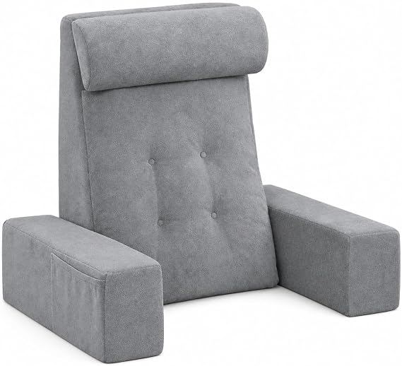 Reading Pillow for Sitting Up in Bed Backrest Pillow with Armrests, Headrest and Side Pockets Dual Layer Back Support for Bed and Sofa Ideal for Adults Watching TV, Gaming, Recovery Dark Grey