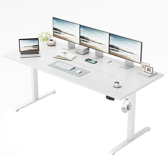 Klicelor Height Adjustable Electric Desk, 2 Memory Buttons, 160x80cm | 80cm wider Standing Desk, 72-116cm, Sit-Stand Office Desk with 2 Hooks, Computer Desk for Home Office, 4 pcs Desktops, White