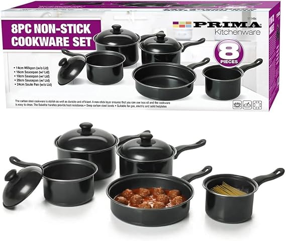 Non Stick Cookware Sets - Multi Purpose, Kitchen Cooking Pans | Kitchenware, Strong & Durable Carbon Steel with Cool Bakelite Handles, Milk Pan Saucepan (8pc Non Stick Milk Pan Cookware Set)