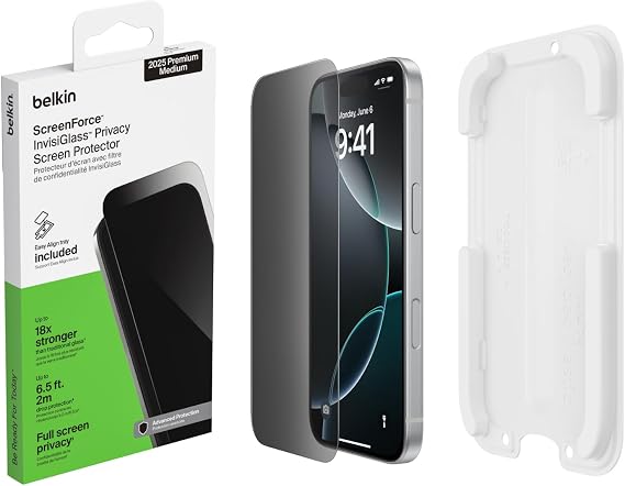 Belkin ScreenForce InvisiGlass iPhone 17 Pro ekran koruyuculu koruyucu folyo, çizilmez, konumlandırma kılıflı ekran koruyucu folyo, kabarcıksız takma, cam koruması, 9H sertlik, geri dönüştürülmüş cam