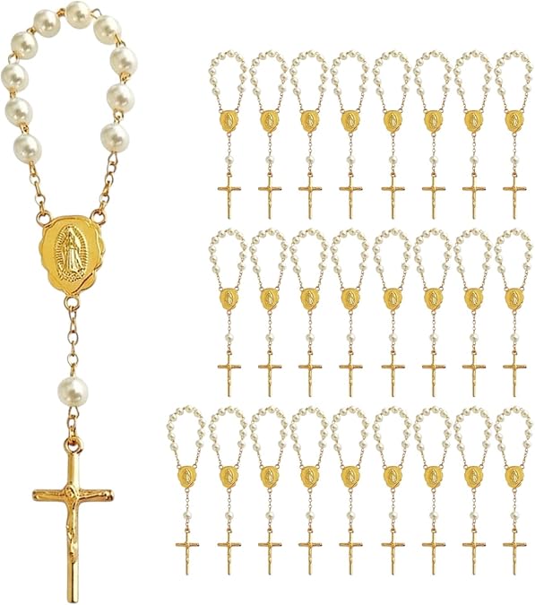 25 Gold Plated Mini Rosary for Baptism Favors in ivory color Faux pearls, recuerdos de bautizo tono Beige, christening guest gifts off white tone , communion memento, wedding mini rosaries