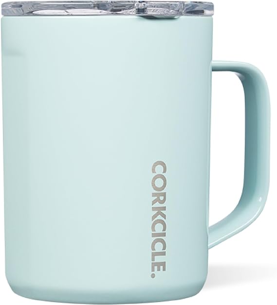 Corkcicle Origins Travel Coffee Mug - Triple Insulated Stainless Steel Cup with Handle for Tea, Hot Chocolate, Coffees, More - Spill Proof, Reusable, Dishwasher Safe - Powder Blue, 475ml/16oz