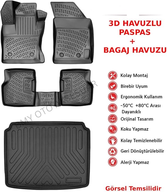 Rizline Ford Bronco 4 Kapı 2021 Sonrası İle Uyumlu 3D Araca Özel Paspas ve Bagaj Havuzu Bmy