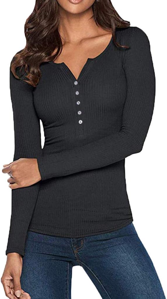 Womens Henley Shirts Button Down V Neck Long Sleeve Ribbed Basic Tops Tees Black