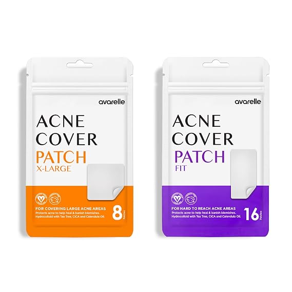 AVARELLE Pimple Patches Cluster Control Kits Hydrocolloid Acne Patches for Blemishes and Zit with Tea Tree Oil, Calendula Oil and Cica Oil for Face, Vegan, Cruelty Free Certified (8 XL + Fit)
