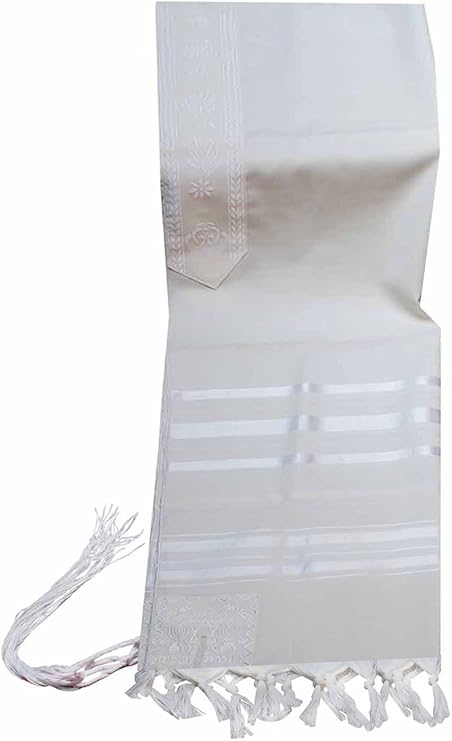 Traditional Wool Tallit in White and White Stripes