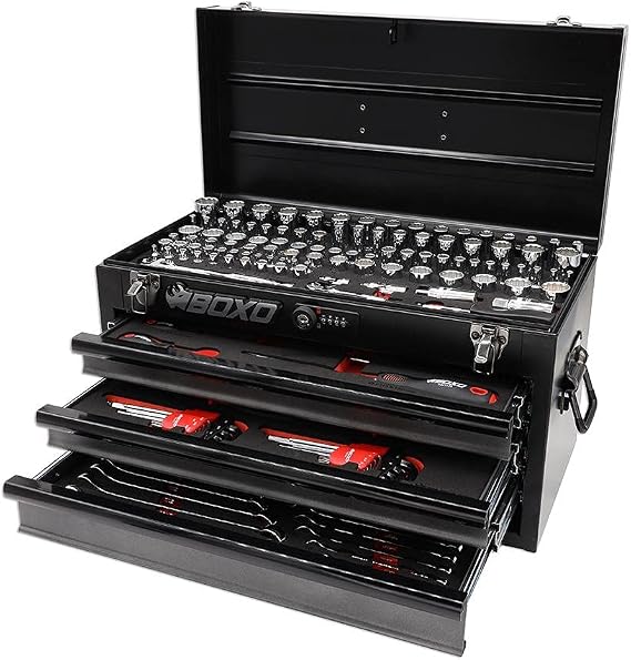 BOXO USA Heavy Duty Toolbox 159 pcs Metric & SAE Locking Tool Set with 3 Drawers Hand Carry Box (Black)