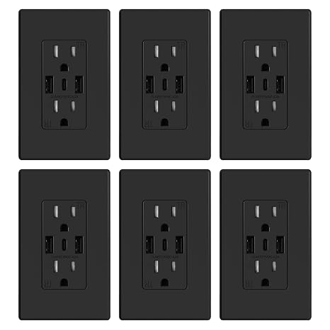 ELEGRP USB Wall Outlets, 3-Ports USB C Wall Outlets Receptacles, Matte Black 15 Amp Outlets with Type-A&C, TR Tamper-Resistant Outlets, Screwless Wall Plate Included, UL & CUL Listed, 6 Pack