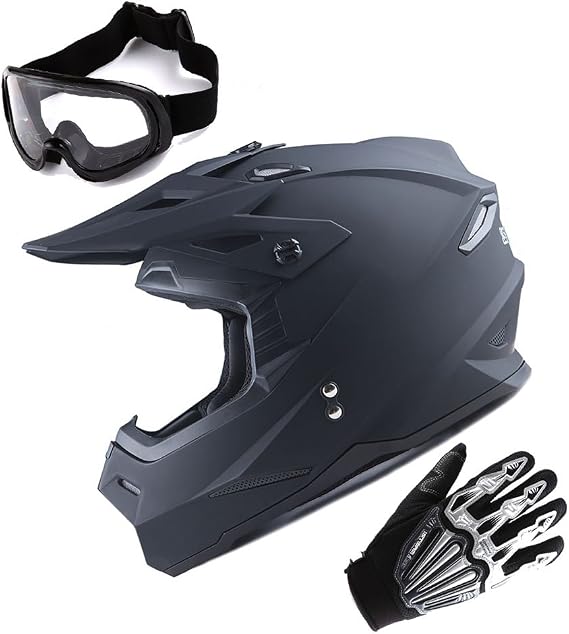 1Storm Motocross MX BMX Helmet Racing Black + Goggles + Skeleton Black Glove Bundle
