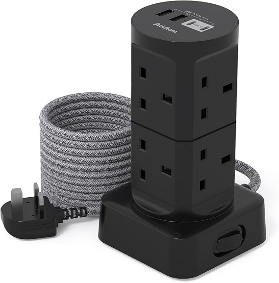 Addtam Tower Extension Lead with USB Slots(13A 3250W), 1.8M Extension Cable