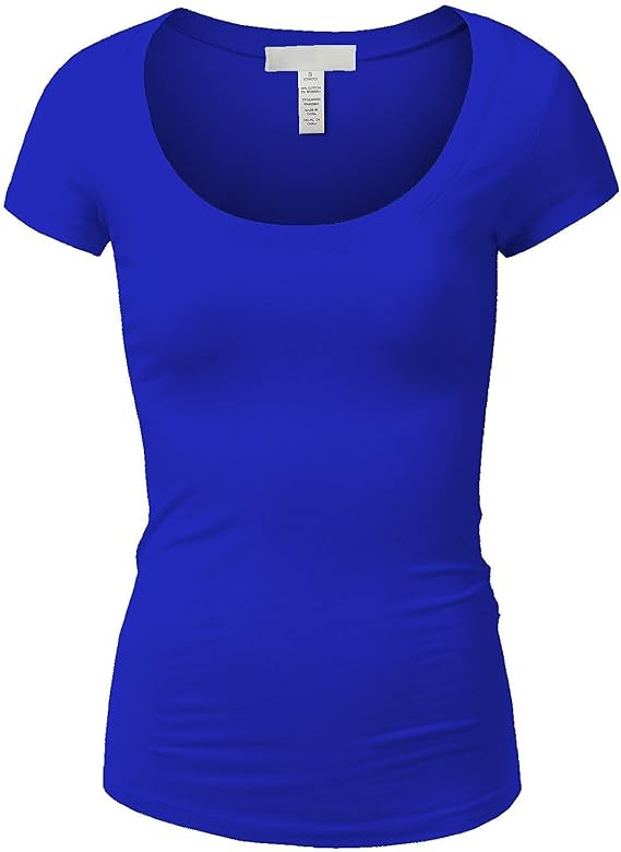 Active Basic Womens Plain Basic Deep Scoop Neck with Cap Short Sleeves - Royal - Medium