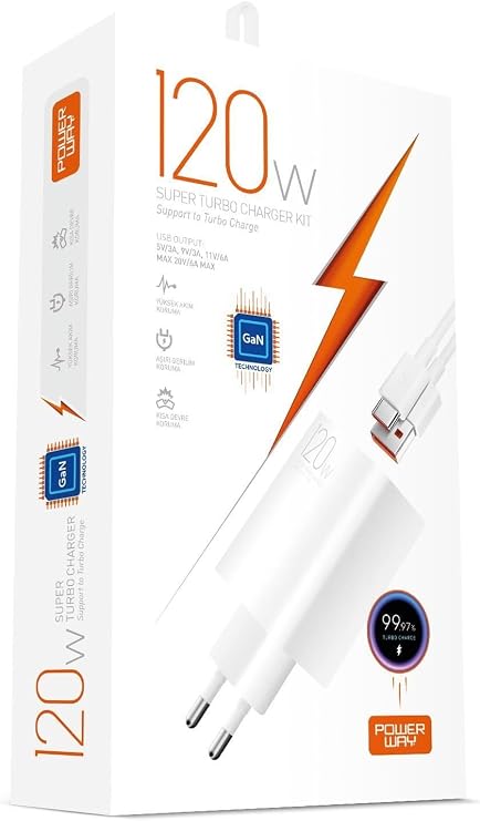 Powerway 120W Type-C Şarj Adaptörü ve Kablo Seti GaN Teknolojisi