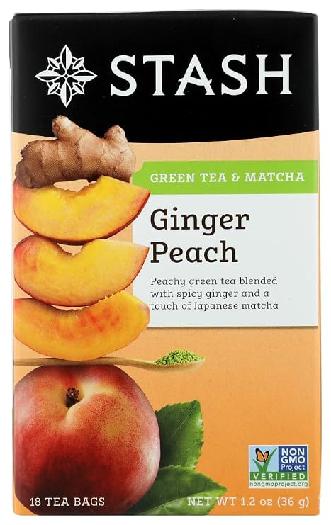 Stash Tea, Green Tea, Ginger Peach with Matcha, 18 Tea Bags, 1.2 oz(Pack of 2)