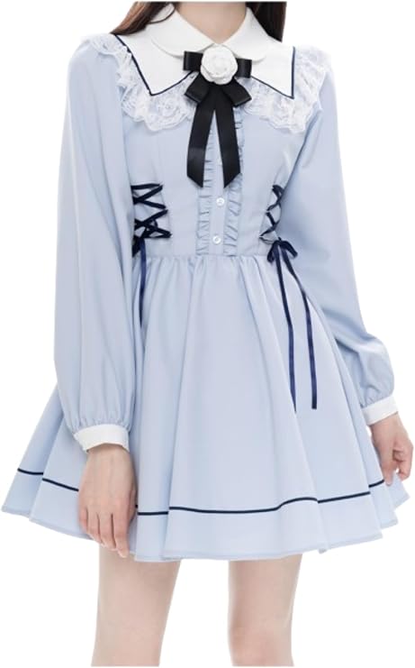 Pokn Lolita Fashion Jirai Kei Women's Cutecore Lolita Dress with Lace Mesh Sheer Long Sleeve Blouse and Bow