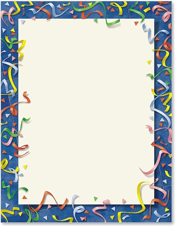 PaperDirect Colorful Confetti Celebration Border Paper, Dark Blue Border with Multicolor Ribbons and Confetti, 8.5 x 11, Acid-Free, Ideal for Invitations, Flyers, Cards, 100 Sheets
