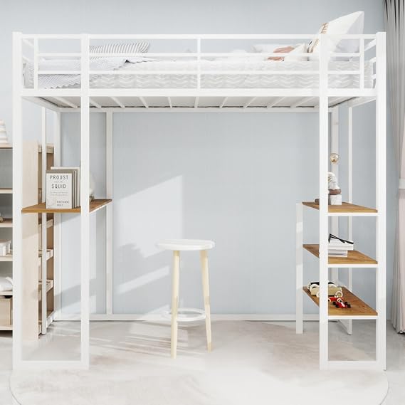 Twin Size Loft Bed with L-Shaped Desk, Iron Loft Bed Frame with Railing and Stairs on Both Sides which can be Placed Anywhere, for Kids, Teens, Adults, No Box Spring Needed, White