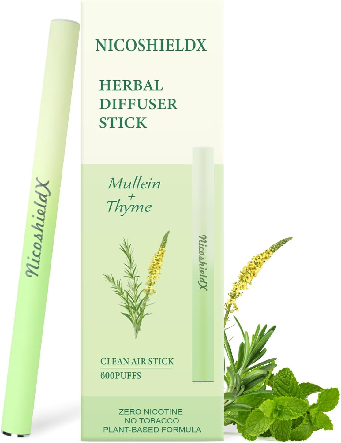Herbal Diffuser Stick - Non Electric - Plant-Based Lifestyle Tool with Mullein, Thyme & Mint for Lung Cleasing Refreshing Oral Comfort, Up to 600 Uses A